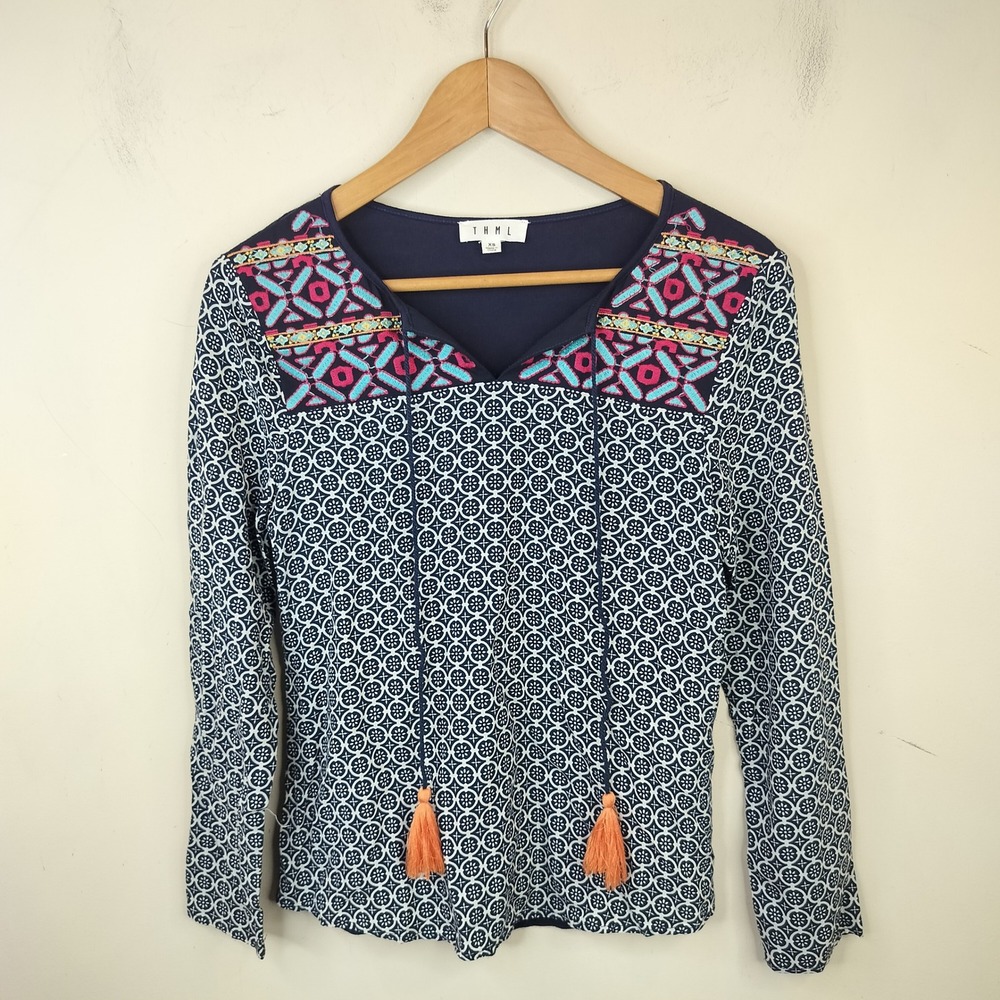 THML Embroidered Tassel Top Women XS Long Sleeve Geometric Navy Blue